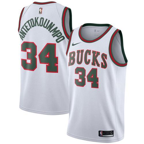 Men Nike Milwaukee Bucks 34 Giannis Antetokounmpo White Throwback NBA Swingman Hardwood Classics Jersey